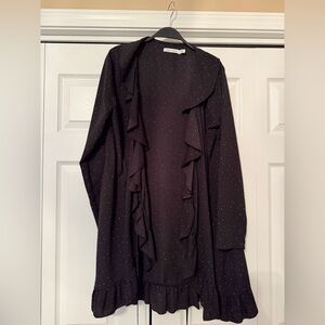 bishop + young black wrap dress with white polka dots